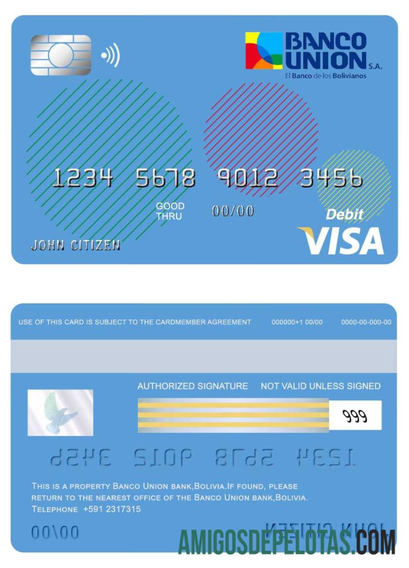 Bolivia Banco Union Bank Visa Card amostra